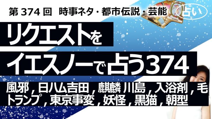 【374回目】イエスノーでリクエストを占うコーナー…風邪、日ハム吉田投手、麒麟 川島、入浴剤、毛、トランプ氏、東京事変、妖怪、黒猫、朝型生活【占い】（2024/1/14撮影）