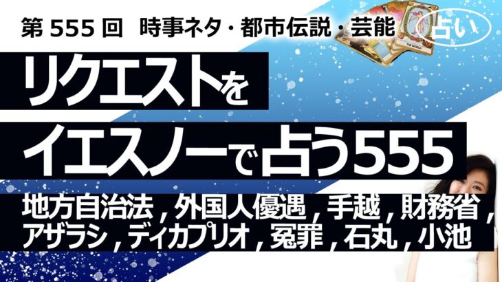 【555回目】イエスノーでリクエスト占い…地方自治法,外国人優遇,手越,財務省,アザラシ,ディカプリオ,冤罪,石丸,小池【占い】（2024/8/22撮影）